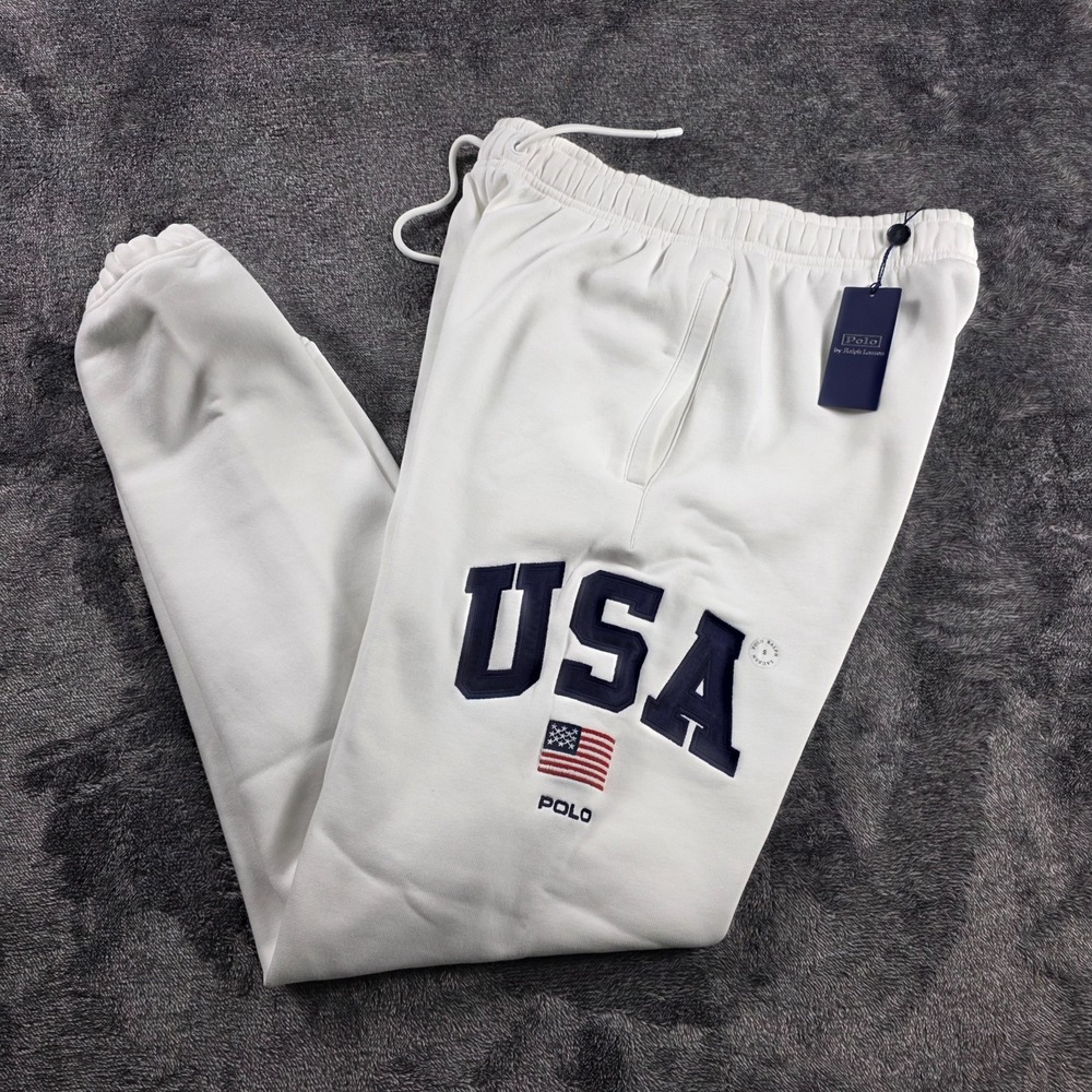 Polo Ralph Lauren USA American Flag Fleece Jogger Sweatpants Mens S White